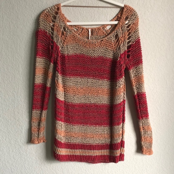 Free People Desert Moon Sweater Open Knit Red Stripe Cotton XS Fishermancore - Picture 2 of 15